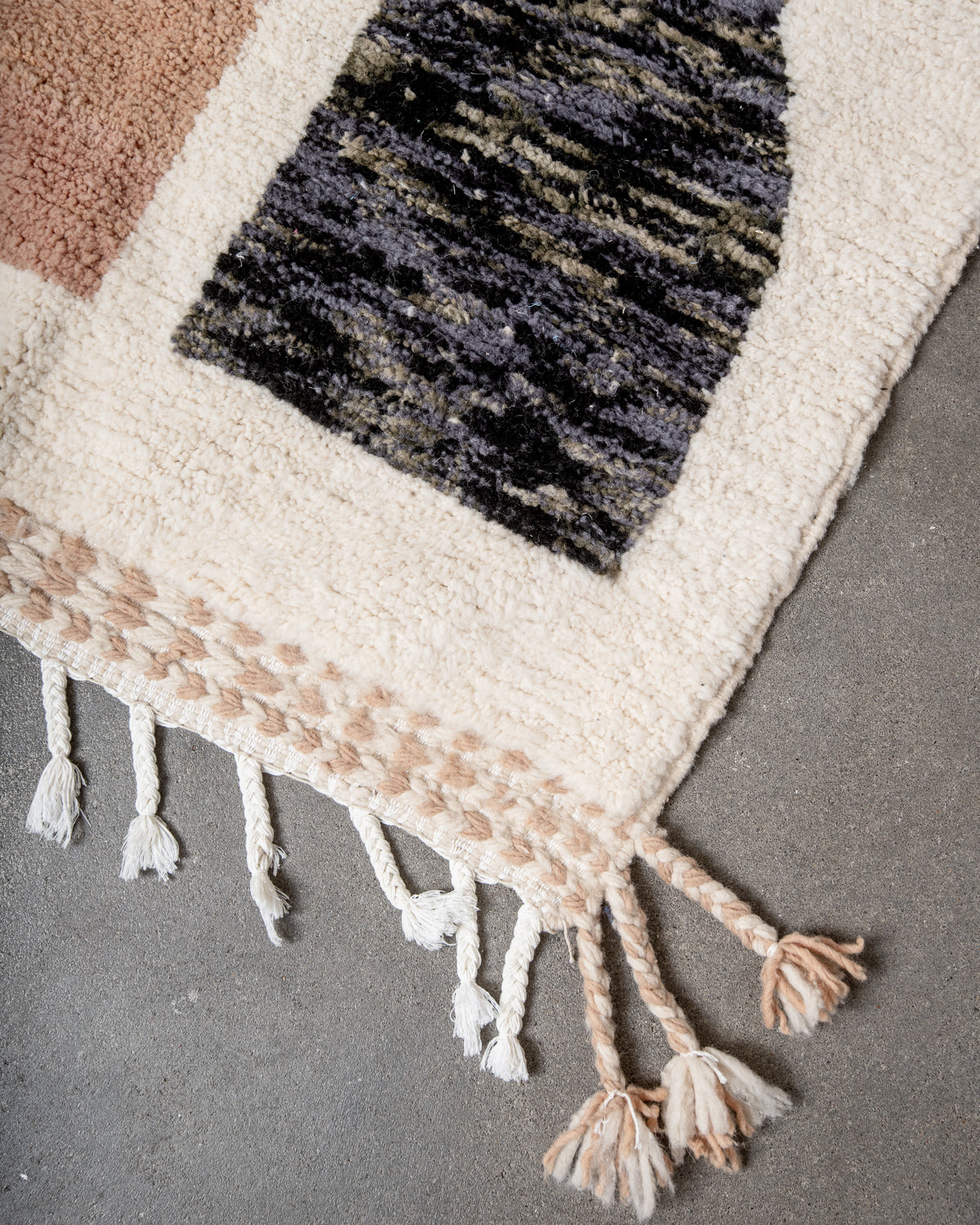 Modern, designer, handcrafted Berber rug from Morocco. Beniourain carpet with beautiful colours and patterns and fluffy wool texture.